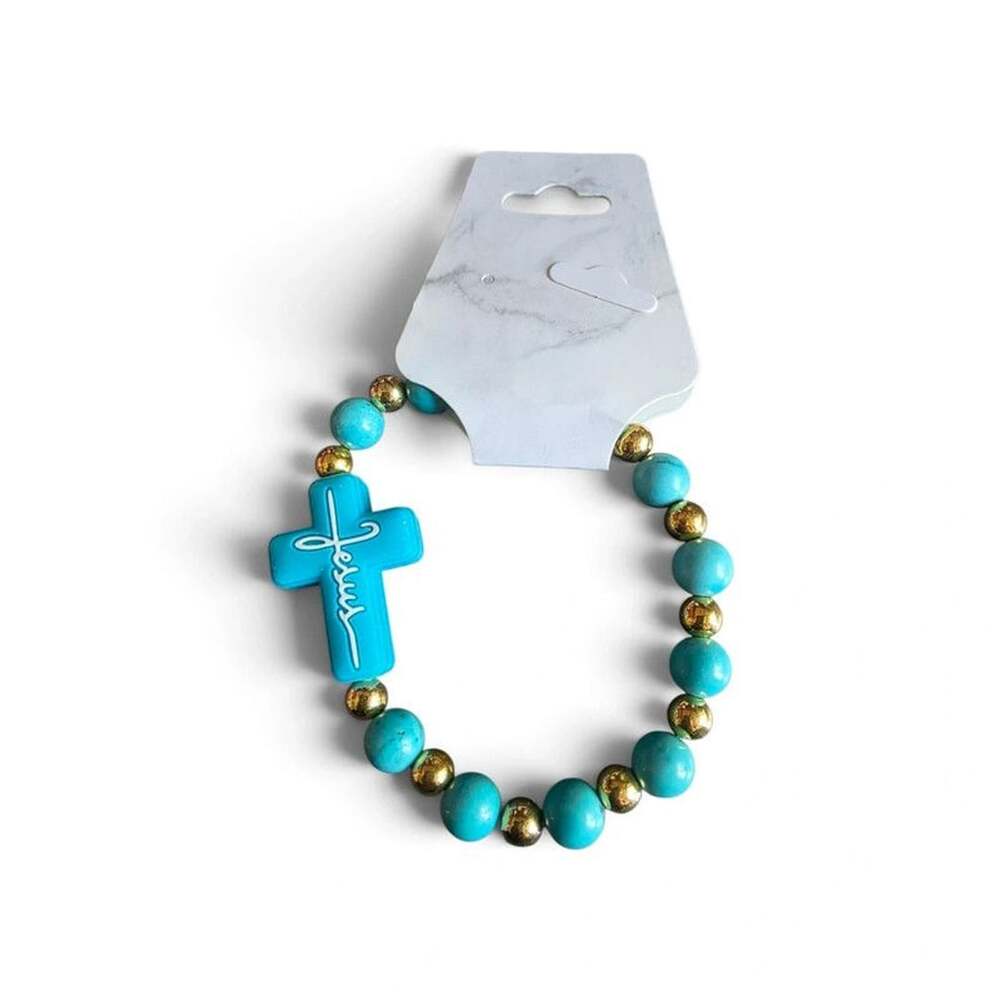 Turquoise Bead & Gold Tone Stretch Bracelet with Jesus Cross